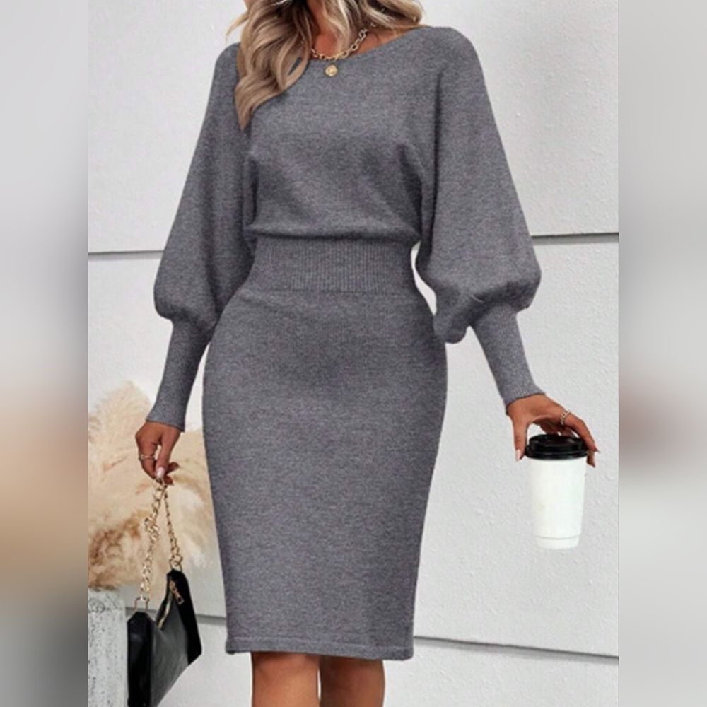 Lantern Sleeve Bodycon Sweater Dress - Ribbed Knit Mini In Gray